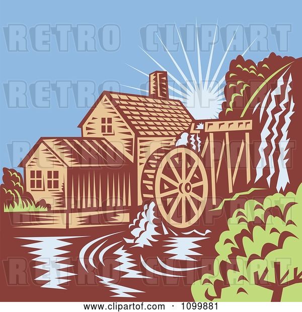 Vector Clip Art of Retro Watermill Wheel Mill House on a River