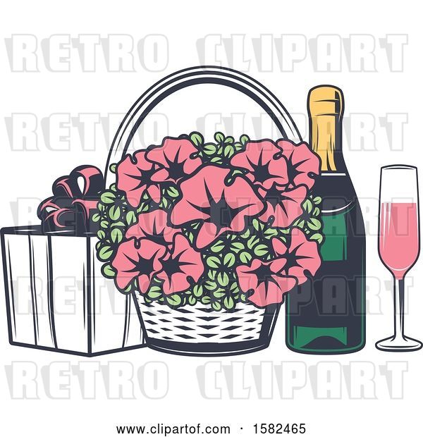 Vector Clip Art of Retro Wedding Basket of Flowers and Champagne with a Gift