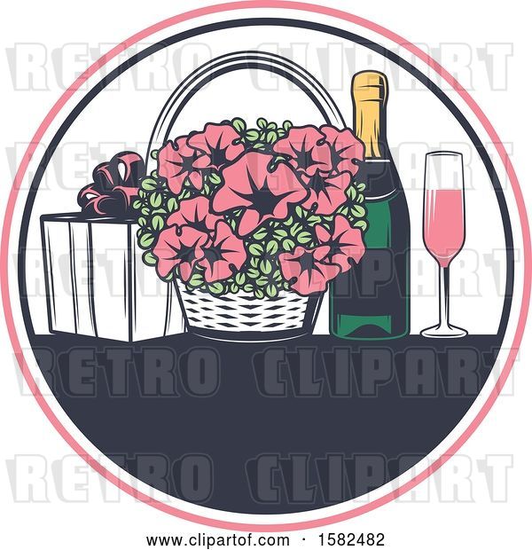 Vector Clip Art of Retro Wedding Basket of Flowers and Champagne with a Gift