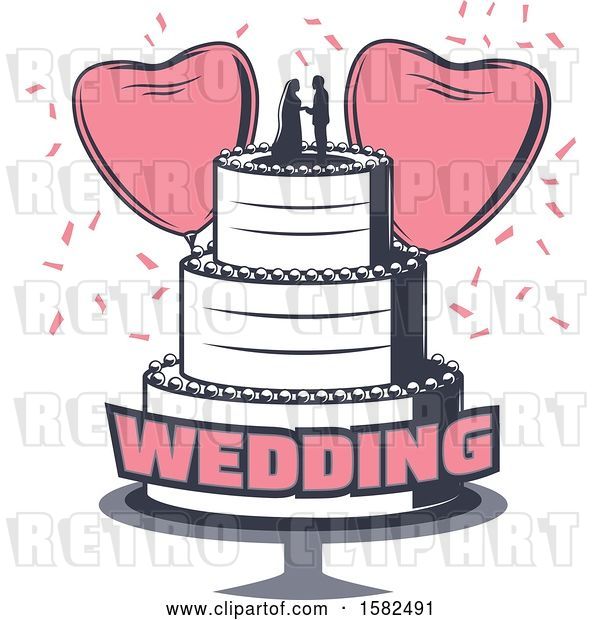 Vector Clip Art of Retro Wedding Cake with Heart Balloons and Confetti