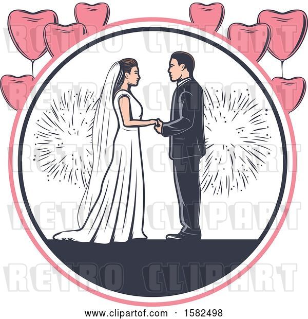 Vector Clip Art of Retro Wedding Couple with Fireworks and Heart Balloons