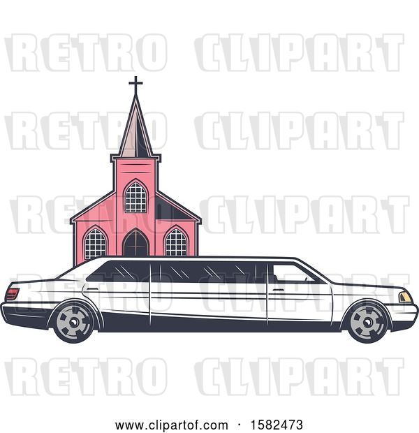 Vector Clip Art of Retro Wedding Limo Parked by a Church