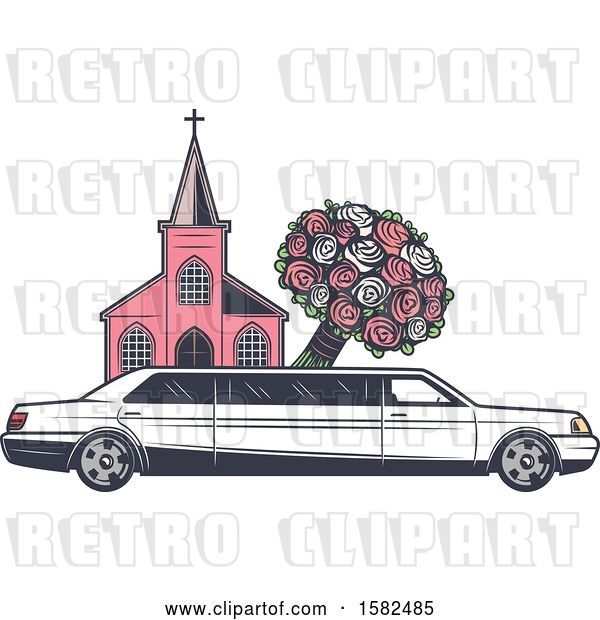 Vector Clip Art of Retro Wedding Limo Parked by a Church, with a Boquet