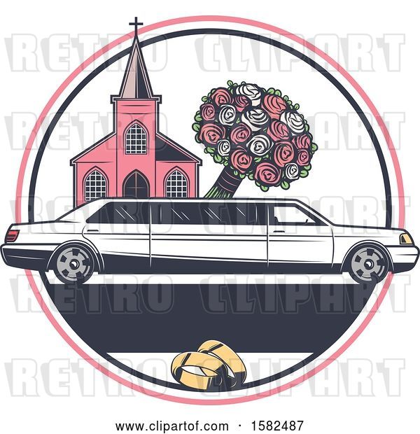 Vector Clip Art of Retro Wedding Limo Parked by a Church, with a Boquet