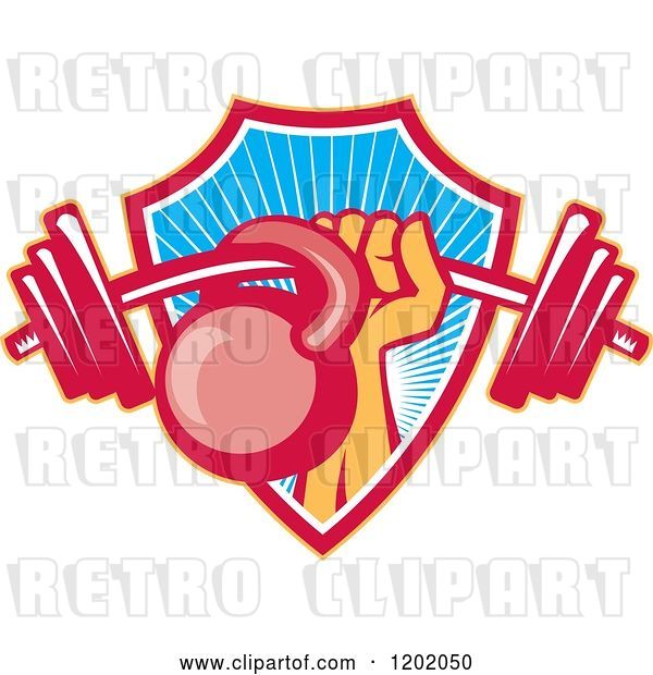 Vector Clip Art of Retro Weightlifter Hand with a Barbell and Kettlebell Emerging from a Ray Shield