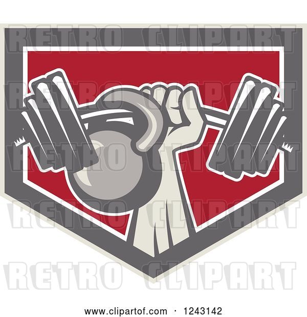 Vector Clip Art of Retro Weightlifter Hand with a Barbell and Kettlebell in a Shield