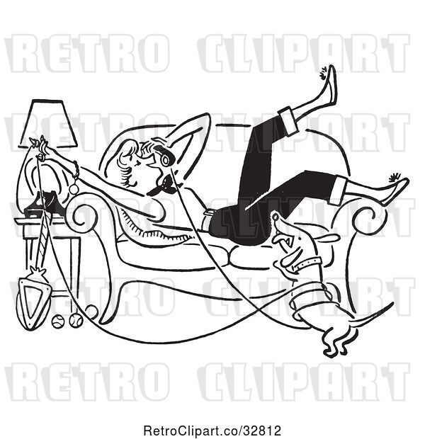Vector Clip Art of Retro Weiner Dog and Teen Girl Laying on a Couch While Talking on a Landline Telephone, in