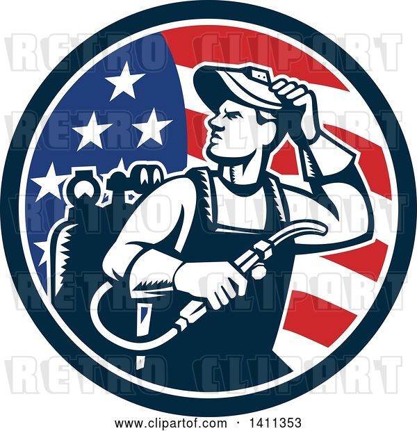 Vector Clip Art of Retro Welder Guy Looking over His Shoulder in an American Flag Circle