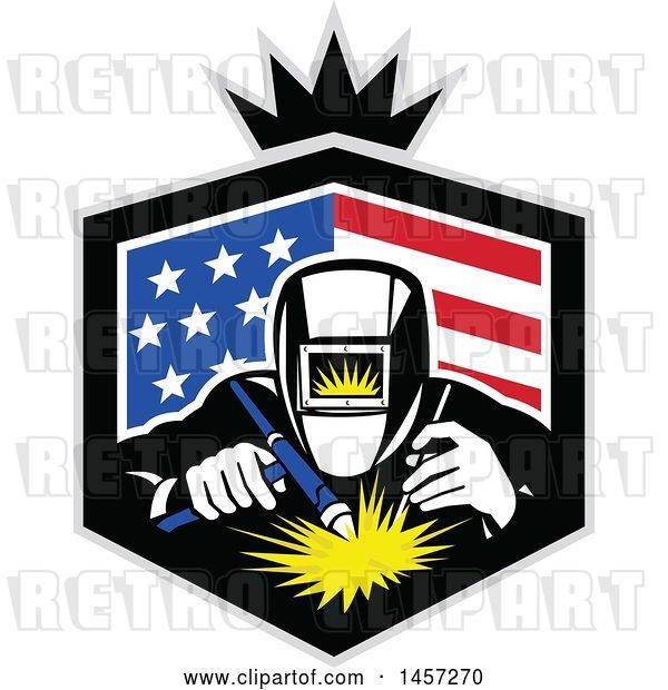 Vector Clip Art of Retro Welder in an American Flag Shield with a Crown