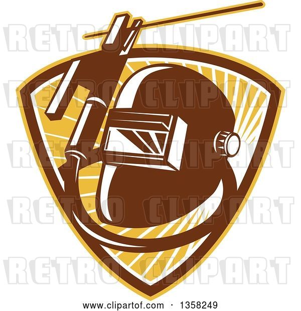 Vector Clip Art of Retro Welder Visor Mask, Rold Holder with Cable and Electrode in a Shield of Sunshine
