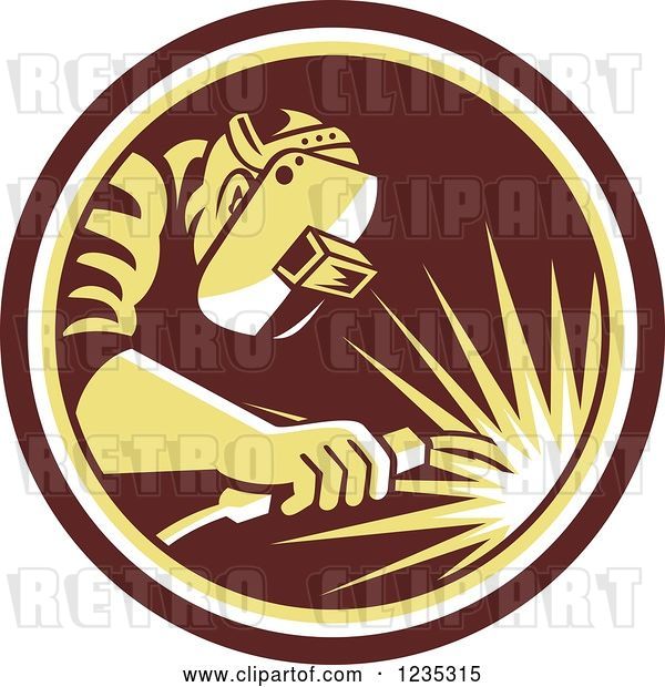Vector Clip Art of Retro Welder Worker in a Brown and Yellow Circle