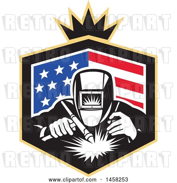 Vector Clip Art of Retro Welder Worker in an American Flag Shield with a Crown
