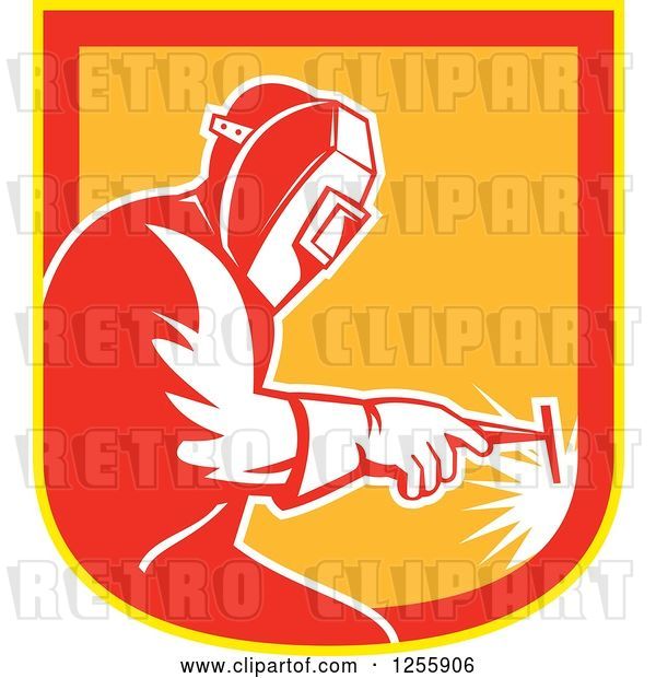 Vector Clip Art of Retro Welder Working in a Red Yellow and Orange Shield