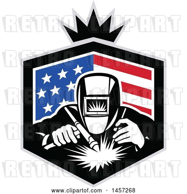 Vector Clip Art of Retro Welder Working in an American Flag Shield with a Crown