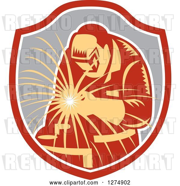 Vector Clip Art of Retro Welder Working in an Orange White and Gray Shield