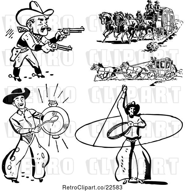 Vector Clip Art of Retro Western Cowboys and Stage Coaches