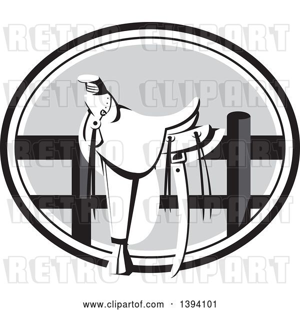 Vector Clip Art of Retro Western Saddle on a Fence, in a Grayscale Oval