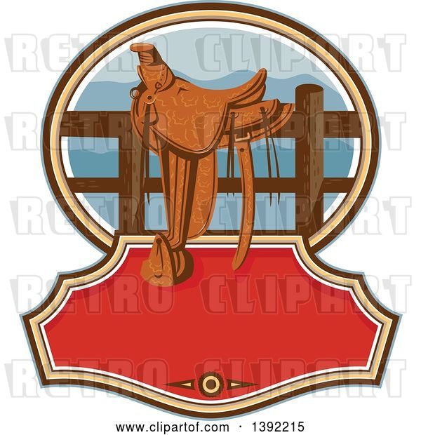 Vector Clip Art of Retro Western Saddle on a Fence over Text Space