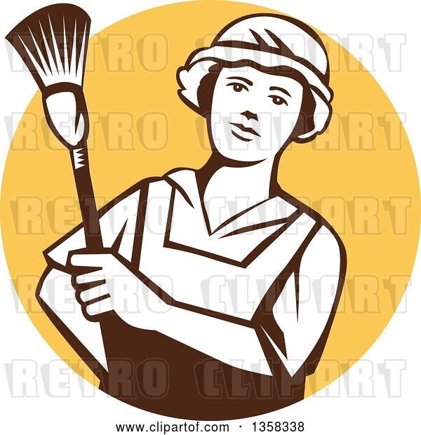 Vector Clip Art of Retro White and Brown Female Maid House Keeper Holding a Duster in a Yellow Circle