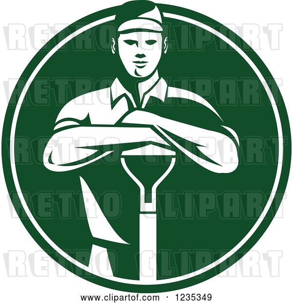 Vector Clip Art of Retro White and Green Gardener Guy Resting on a Shovel in a Circle