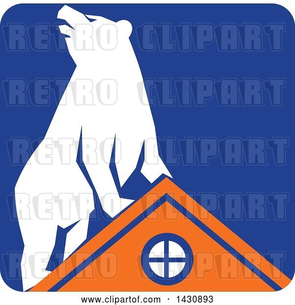 Vector Clip Art of Retro White Bear on Top of an Orange House in a Blue Square