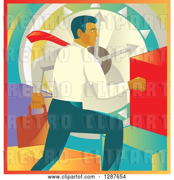 Vector Clip Art of Retro White Business Man Running over a Clock and Colorful Graph Bars