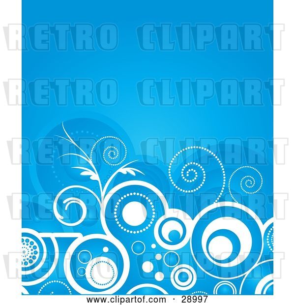 Vector Clip Art of Retro White Circles, Swirls, Dots and Flourishes over a Blue Background