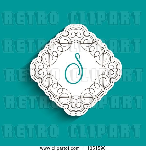 Vector Clip Art of Retro White Diamond with Swirls and a Letter S Monogram over Turquoise