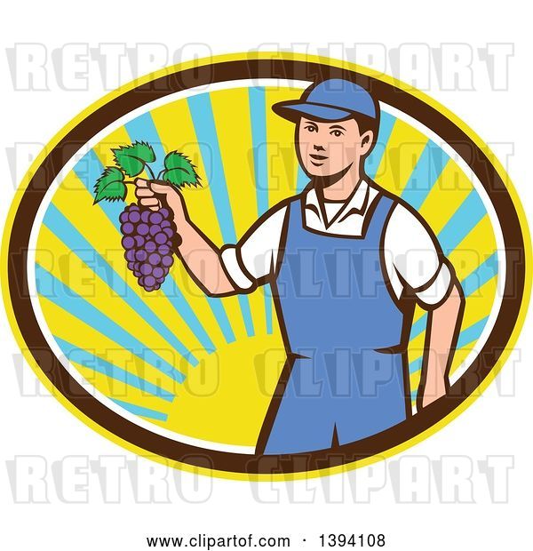 Vector Clip Art of Retro White Farmer Boy Holding Purple Grapes in a Sunny Oval