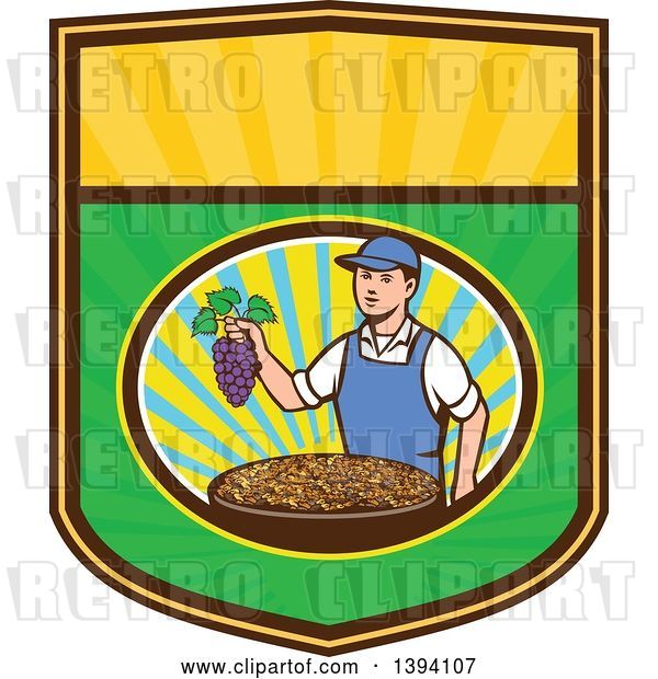 Vector Clip Art of Retro White Farmer Boy Holding Purple Grapes over a Bowl of Raisins in a Sunny Oval on a Shield