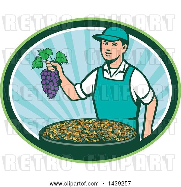 Vector Clip Art of Retro White Farmer Boy Holding Purple Grapes over a Bowl of Raisins in an Oval