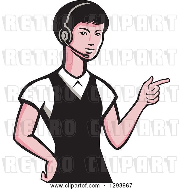 Vector Clip Art of Retro White Female Call Center Worker Pointing and Wearing a Headset