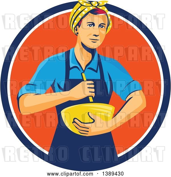 Vector Clip Art of Retro White Female Chef or Baker Holding a Mixing Bowl in a Blue White and Orange Circle