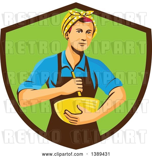 Vector Clip Art of Retro White Female Chef or Baker Holding a Mixing Bowl in a Brown and Green Shield
