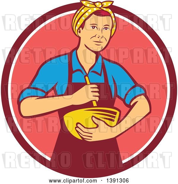 Vector Clip Art of Retro White Female Chef or Baker Holding a Mixing Bowl in a Pink and White Circle