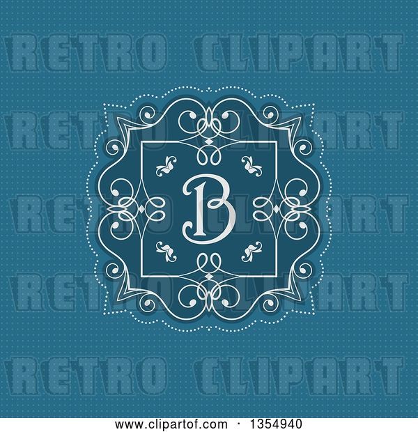 Vector Clip Art of Retro White Frame with Swirls and a Letter B Monogram over Blue