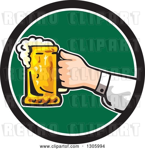 Vector Clip Art of Retro White Hand Holding out a Frothy Beer Mug in a Black White and Green Circle