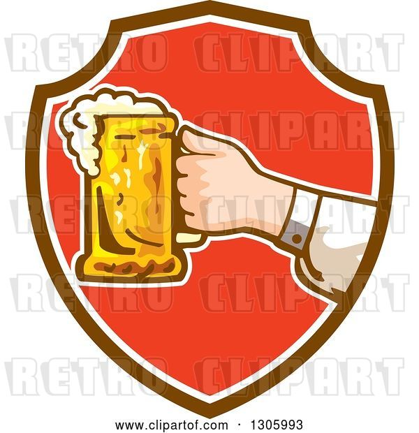 Vector Clip Art of Retro White Hand Holding out a Frothy Beer Mug in a Brown White and Red Shield