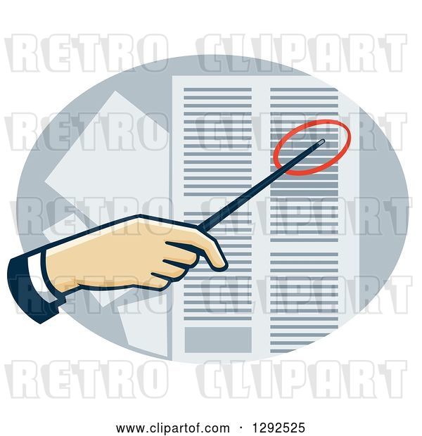 Vector Clip Art of Retro White Hand Using a Pointer to Direct Attention to a Data Sheet