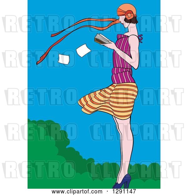 Vector Clip Art of Retro White Lady Reading a Book in the Wind