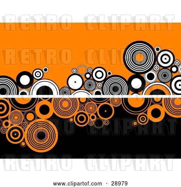Vector Clip Art of Retro White Line Dividing Circles on an Orange Background on the Top and Orange and Black Circles on a Black Background on the Bottom