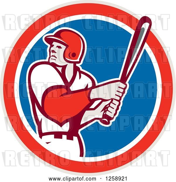 Vector Clip Art of Retro White Male Baseball Player Batting in a Red White and Blue Circle
