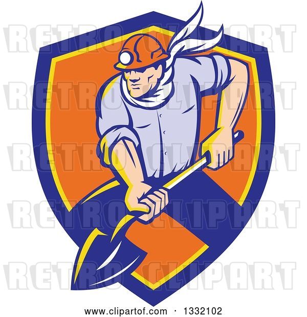Vector Clip Art of Retro White Male Coal Miner Digging with a Spade Shovel, with Light Shining from His Helmet, in a Blue Yellow and Orange Shield