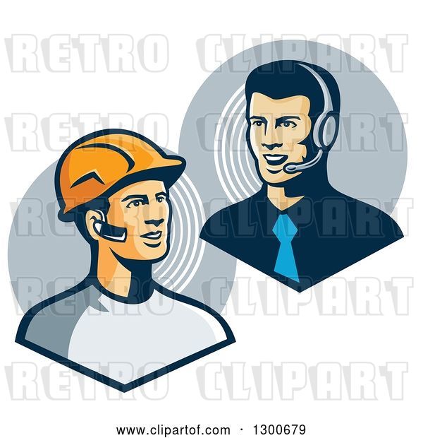 Vector Clip Art of Retro White Male Construction Worker Communicating to a Telemarketer or Boss with Bluetooth Ear Pieces