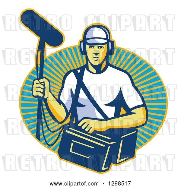 Vector Clip Art of Retro White Male Film Crew Sound Guy Emerging from a Sunshine Oval
