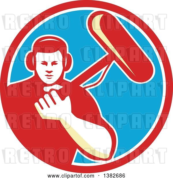 Vector Clip Art of Retro White Male Film Crew Sound Guy in a Red White and Blue Circle