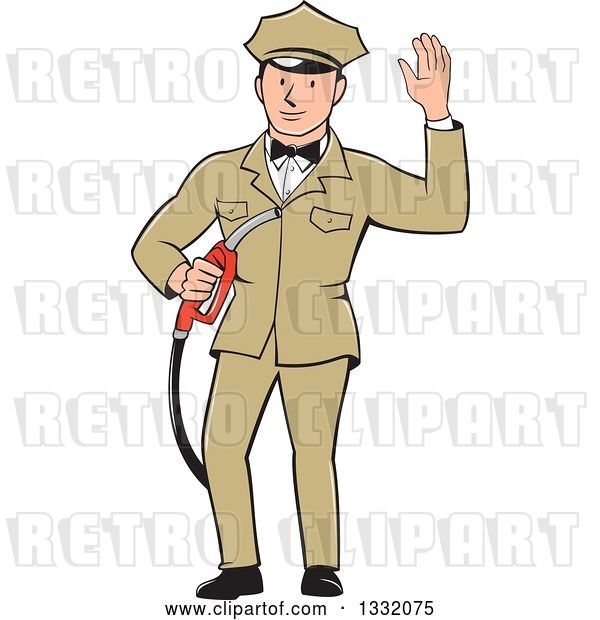 Vector Clip Art of Retro White Male Gas Station Attendant Jockey Holding a Nozzle and Waving