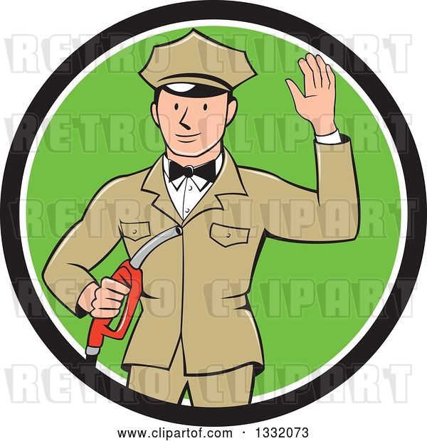 Vector Clip Art of Retro White Male Gas Station Attendant Jockey Holding a Nozzle and Waving in a Black White and Green Circle