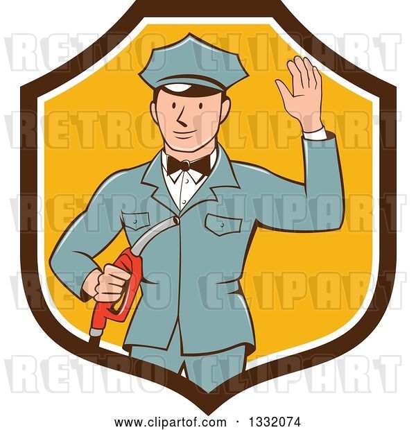 Vector Clip Art of Retro White Male Gas Station Attendant Jockey Holding a Nozzle and Waving in a Brown White and Yellow Shield