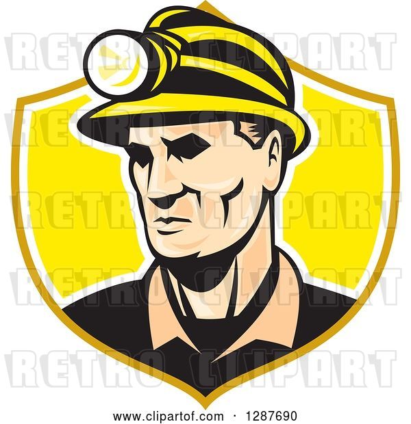 Vector Clip Art of Retro White Male Miner with a Headlamp in a Yellow and White Shield